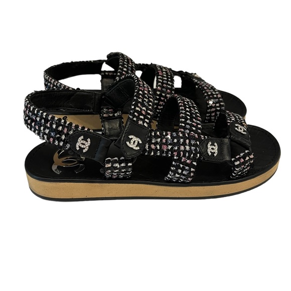 Chanel Sequin Tweed Crystal CC Dad Sandals - Picture 5 of 14